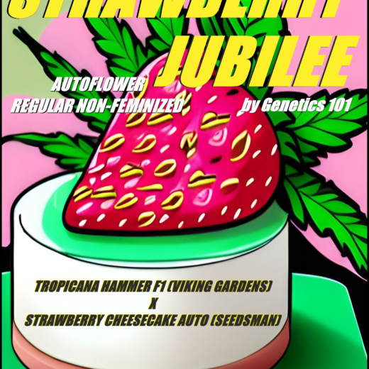 Strawberry Jubilee Packaging, Cake, Strawberry, Cannabis leaf, Genetics 101